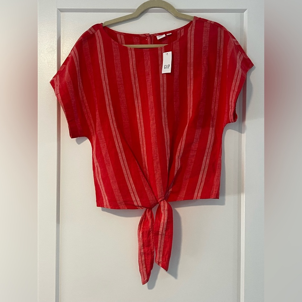 NWT•GAP Red and White Striped Linen Button Back/Tie-Front Blouse•Oversized
